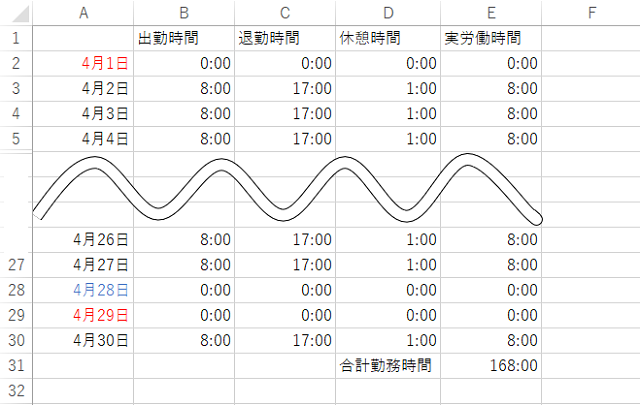 SUM関数による1カ月の勤務時間表示の方法