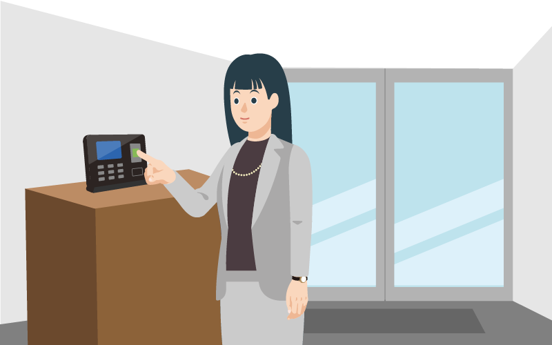 建物の入り口で打刻する様子